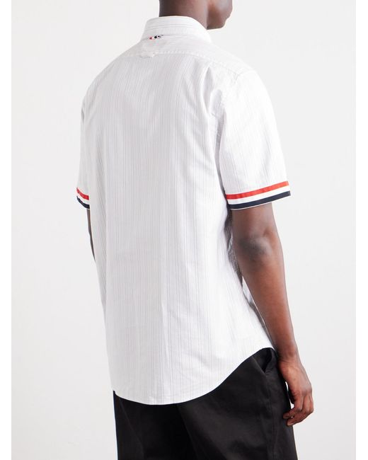 Thom Browne White Logo-Appliquéd Striped Cotton-Oxford Shirt for men