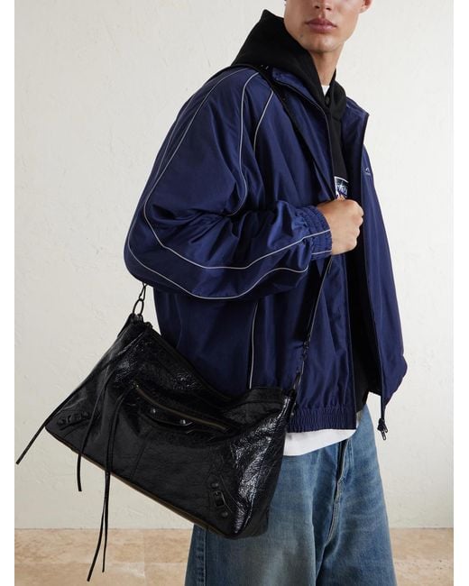 Balenciaga Black Le City Moto Medium Embellished Crinkled-leather Messenger Bag for men