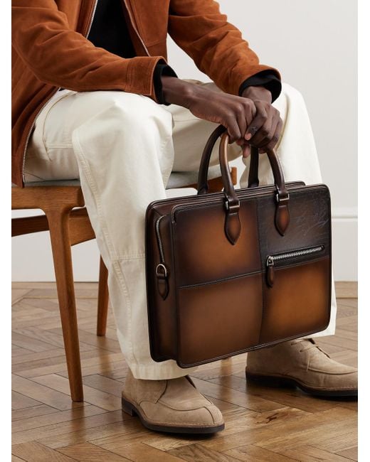 Berluti Brown Jour Scritto Panelled Venezia Leather Briefcase for men