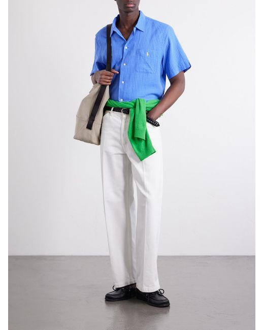 Polo Ralph Lauren Blue Logo-Embroidered Checked Linen And Cotton-Blend Shirt for men