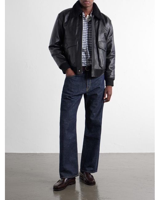 A.P.C. Black Charles Wool-Fleece Trimmed Leather Jacket for men