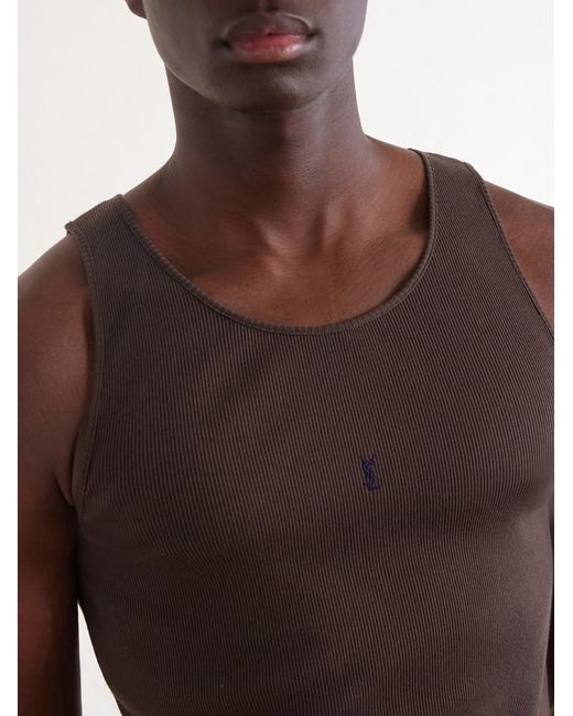 Saint Laurent Brown Logo-embroidered Ribbed Cotton Tank Top for men