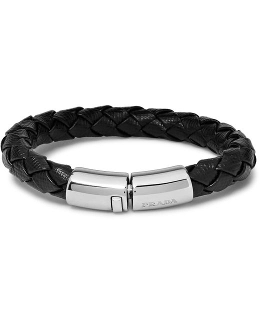 Prada Black Woven Saffiano Leather And Silver-tone Bracelet for men