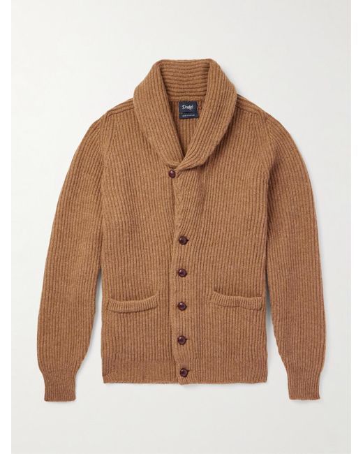 Drake's Brown Slim-fit Shawl-collar Ribbed Wool Cardigan for men