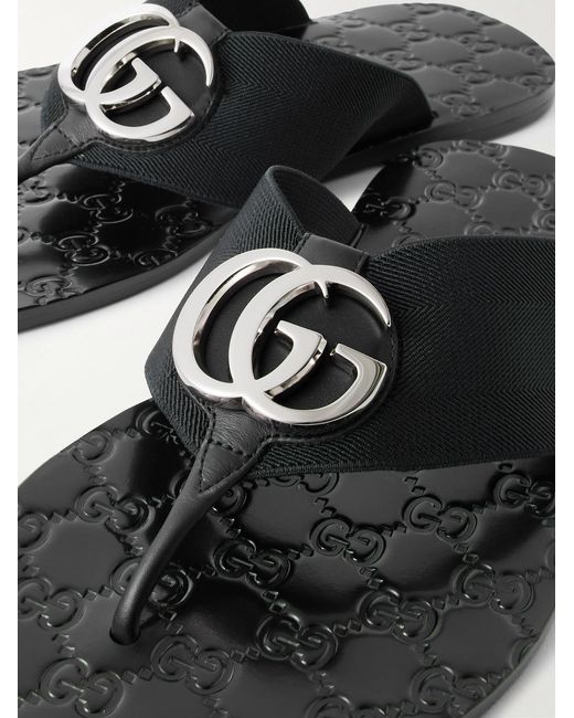 Gucci Black Riviera Logo-Embellished Leather And Elastic Flip Flops for men