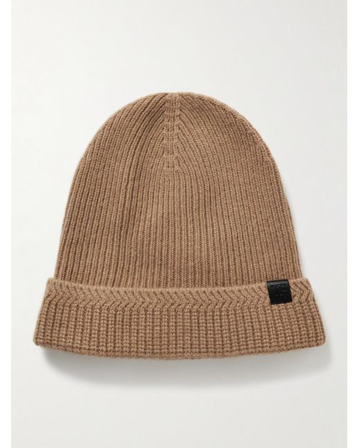 Tom Ford Natural Leather-trimmed Ribbed Wool And Cashmere-blend Beanie for men