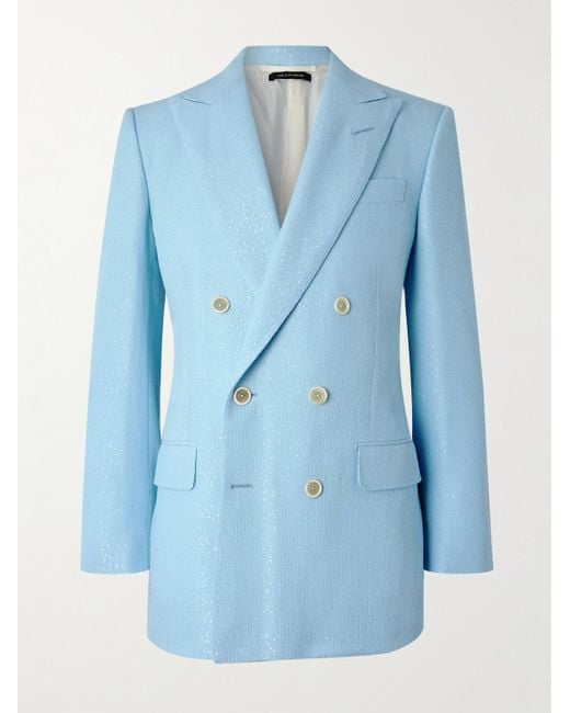 Tom Ford Blue Double-breasted Sequinned Wool-blend Suit Jacket for men