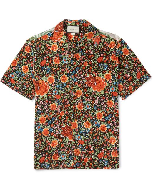 Gucci Orange Camp-collar Printed Silk Shirt for men