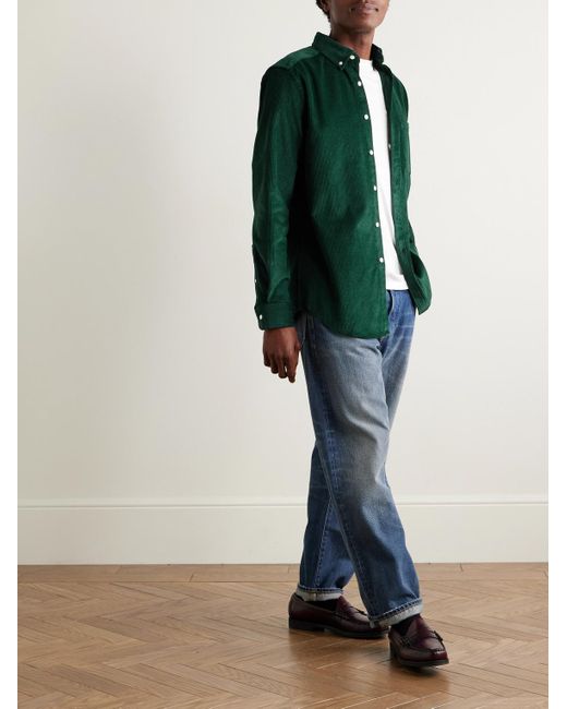 Portuguese Flannel Green Lobo Button-down Collar Cotton-corduroy Shirt for men