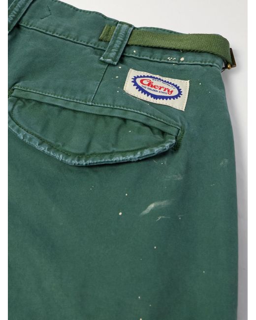 CHERRY LA Green Straight-leg Paint-splattered Cotton-twill Cargo Trousers for men