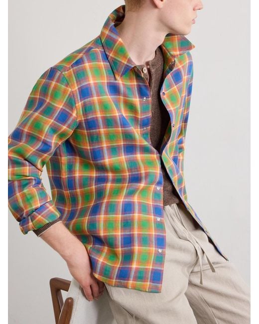 God's True Cashmere Blue Checked Linen Shirt for men