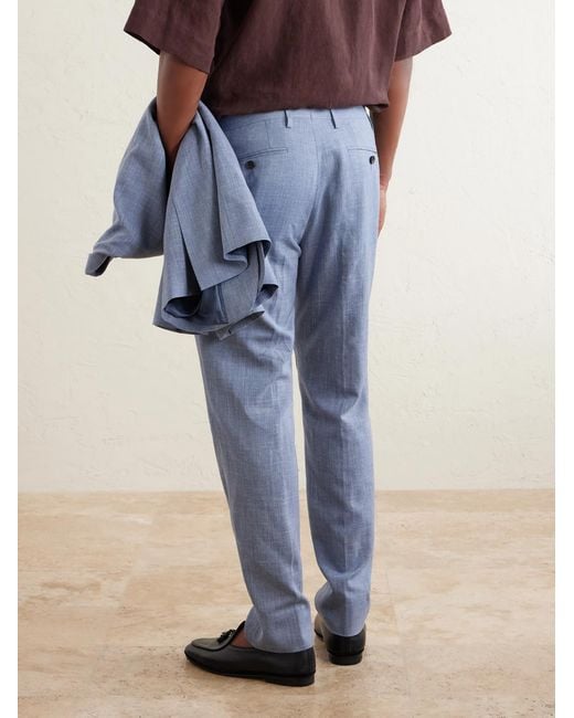 Mr P. Blue Straight-Leg Pleated Wool, Silk And Linen-Blend Suit Trousers for men