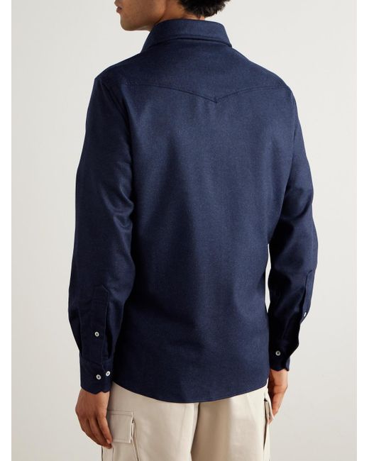 Brunello Cucinelli Blue Virgin Wool-Flannel Western Shirt for men