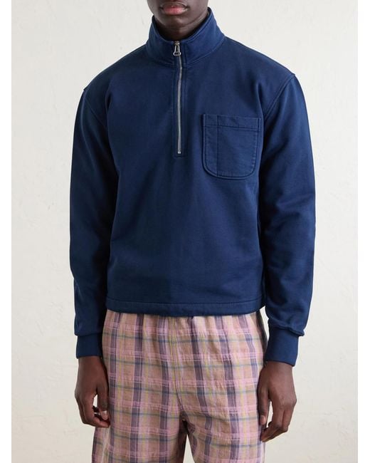 Drake's Blue Cotton-Jersey Half-Zip Sweatshirt for men