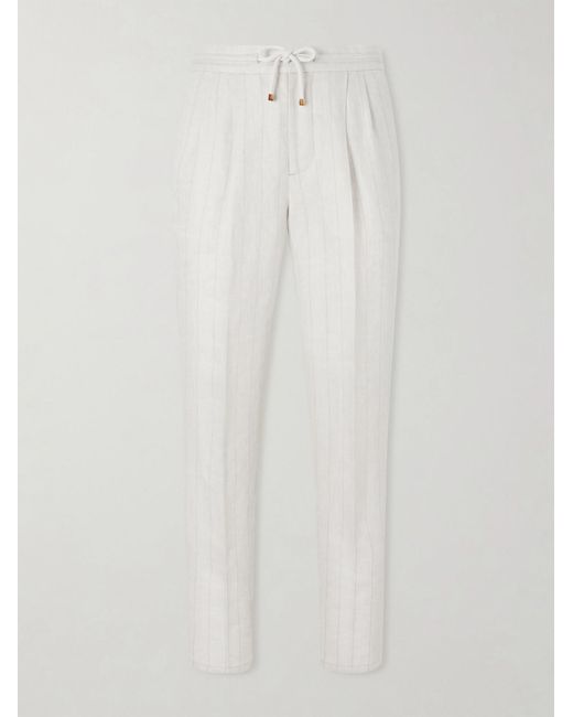 Brunello Cucinelli White Straight-Leg Pinstriped Pleated Linen Trousers for men