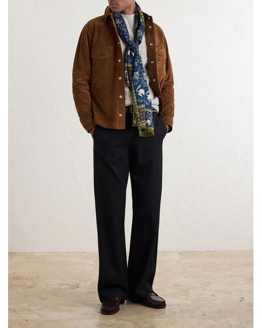 Drake's Blue Fringed Printed Wool And Silk-Blend Scarf for men