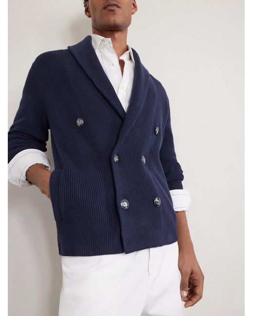 Brunello Cucinelli Blue Shawl-Collar Double-Breasted Ribbed Cotton Cardigan for men
