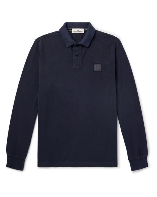 Stone Island Blue Logo-appliquéd Garment-dyed Cotton-piqué Polo Shirt for men