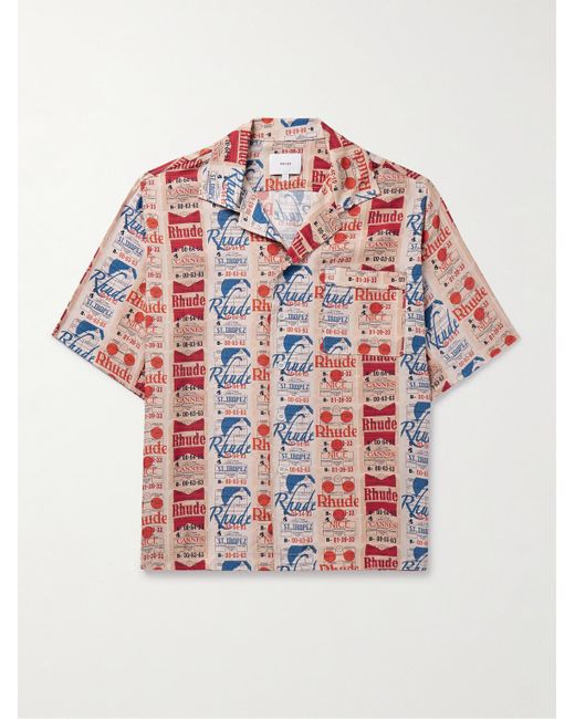 Rhude White Voyage Camp-collar Printed Silk-twill Shirt for men