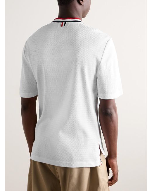 Thom Browne White Logo-Appliquéd Striped Pointelle-Knit Cotton T-Shirt for men