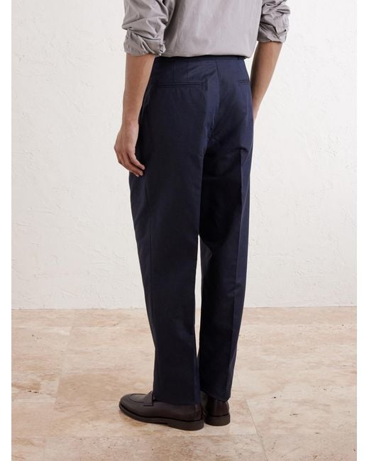 Brunello Cucinelli Blue Tapered Pleated Cotton And Linen-blend Trousers for men