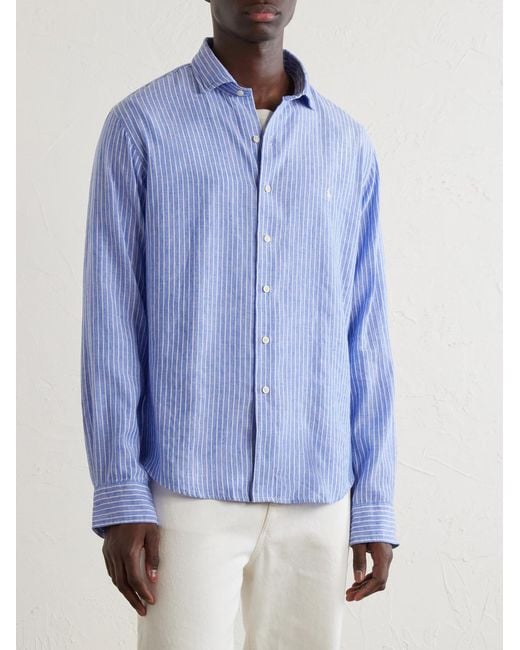 Polo Ralph Lauren Blue Striped Logo-Embroidered Cotton And Linen-Blend Seersucker Shirt for men