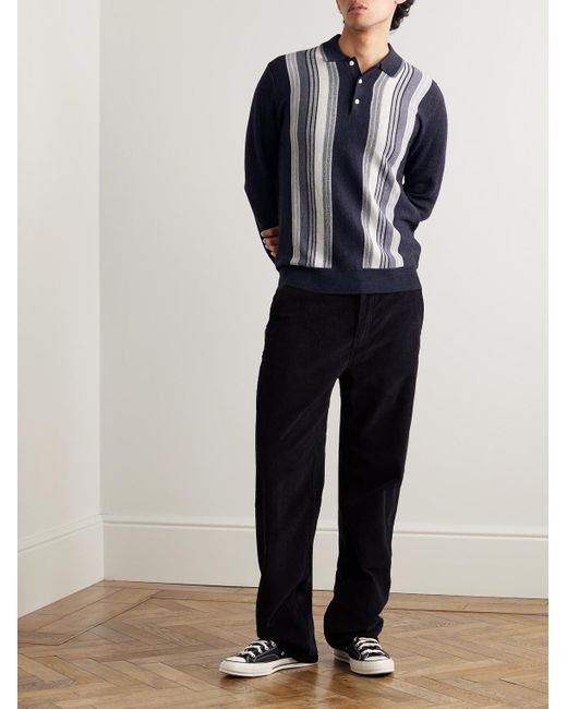 Beams Plus Blue Striped Wool Polo Shirt for men