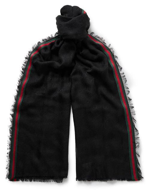 Gucci Black Frayed Striped Logo-jacquard Silk And Cotton-blend Scarf for men