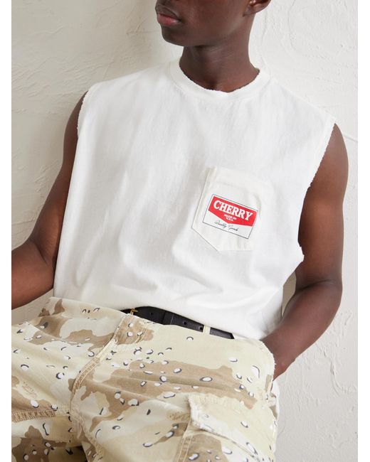 CHERRY LA White Logo-Printed Distressed Cotton-Jersey Tank Top for men
