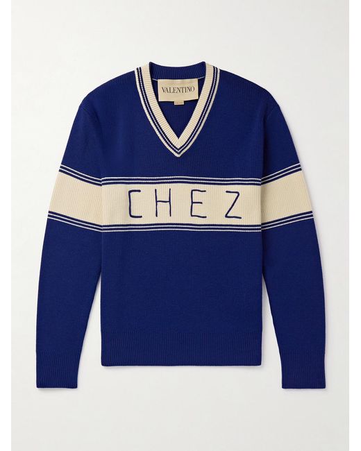 Valentino Garavani Blue Embroidered Striped Virgin Wool And Cotton-Blend Sweater for men