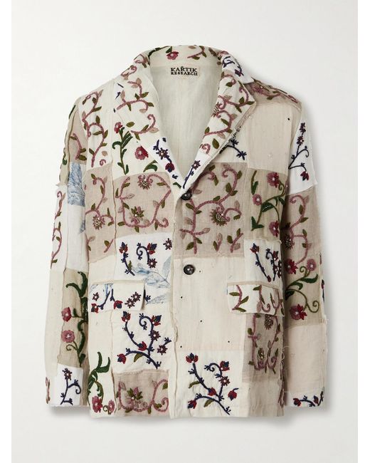 Kartik Research Natural Chintz Embroidered Bead-Embellished Patchwork Frayed Cotton Blazer for men