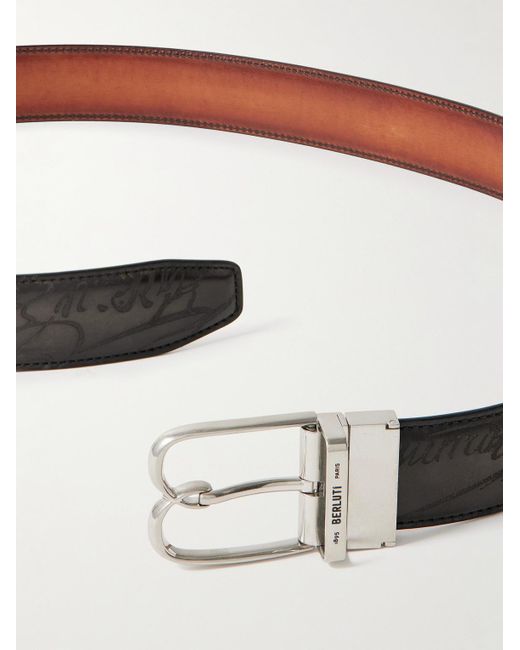 Berluti Black B Volute Scritto 3.5cm Reversible Venezia Leather Belt for men