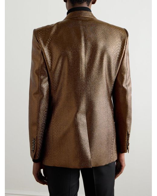 Tom Ford Brown Slim-Fit Croc-Effect Coated Wool-Blend Tuxedo Jacket for men
