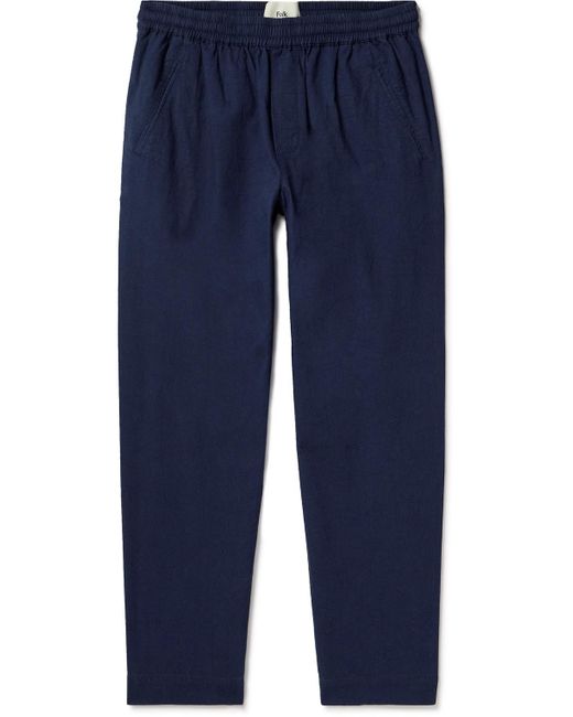 Folk Blue Assembly Cropped Tapered Washed Cotton-piqué Trousers for men