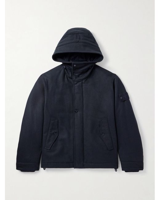 Stone Island Blue Ghost Logo-appliquéd Padded Virgin Wool-blend Flannel Hooded Parka for men