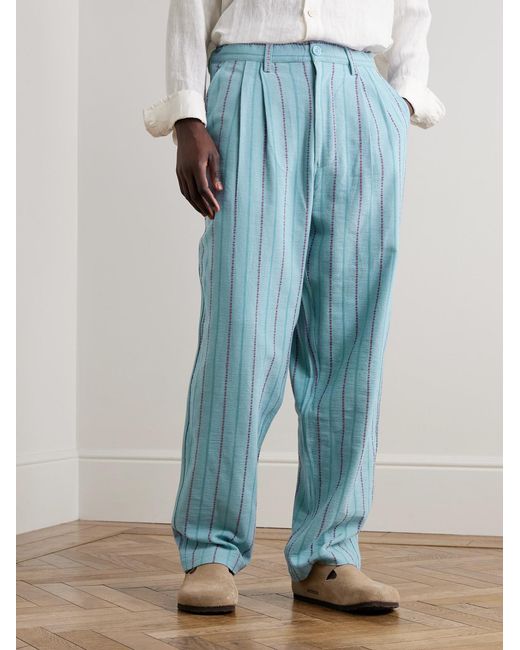 Kardo Blue Antonio Straight-Leg Striped Cotton-Canvas Trousers for men