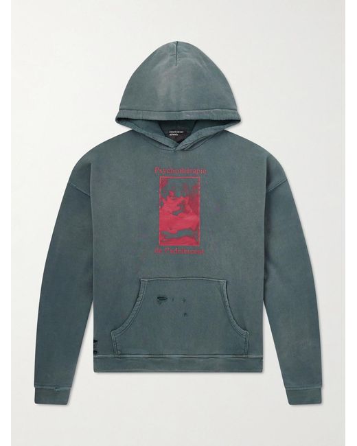 Enfants Riches Deprimes Blue Psychothérapie De L'Adolescent Printed Distressed Cotton-Jersey Hoodie for men