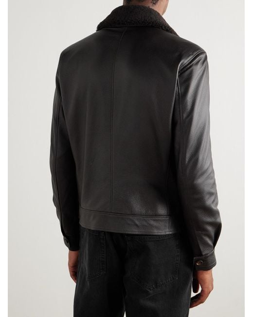 Shearling-Trimmed Leather Bomber Jacket di Eleventy in Black da Uomo