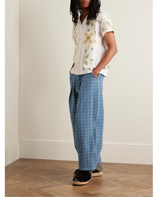 STORY mfg. Blue Lush Tapered Pleated Checked Organic Cotton Drawstring Trousers for men