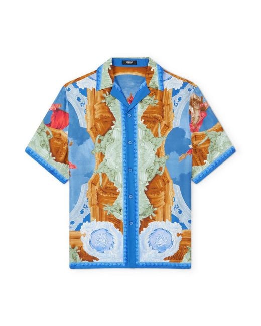 Versace Blue Camp-Collar Printed Silk-Twill Shirt for men