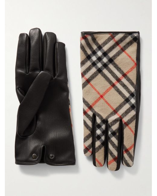 Burberry Black Checked Wool And Cashmere-Blend And Leather Gloves for men