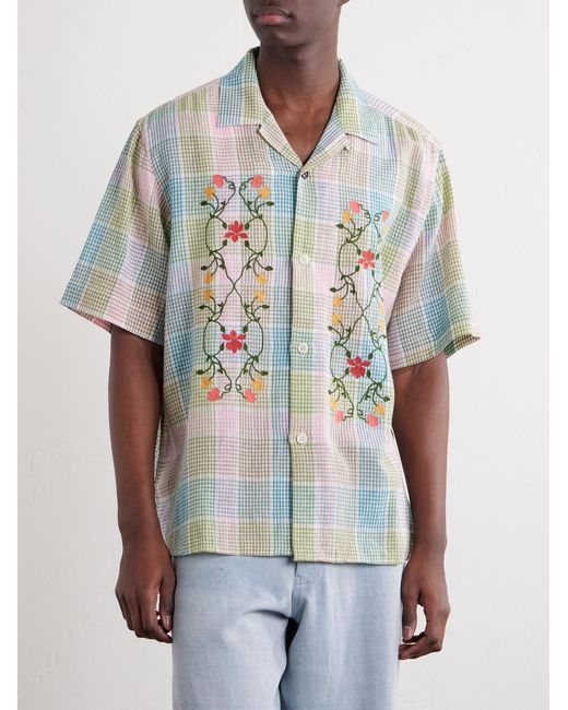 Kardo Blue Ronen Camp-Collar Floral-Embroidered Checked Cotton And Linen-Blend Shirt for men