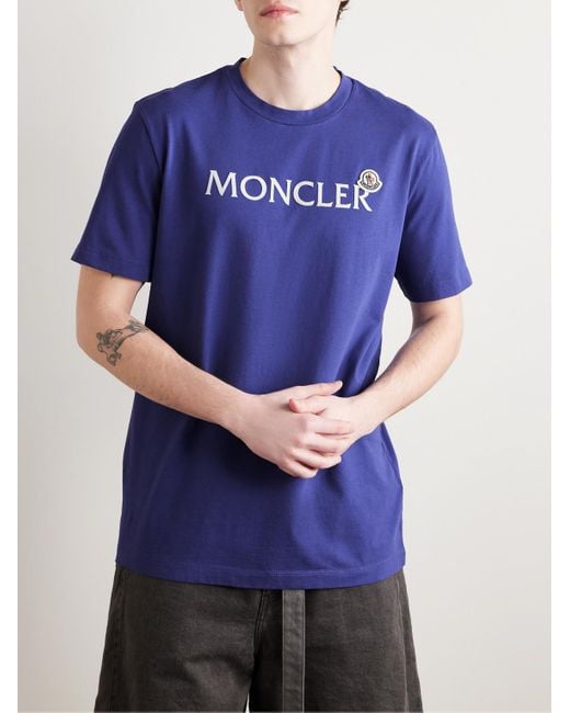 Moncler Blue Logo-Flocked Appliquéd Cotton-Jersey T-Shirt for men