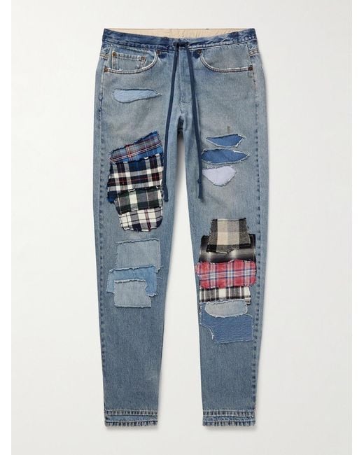 Greg Lauren Blue Slim-Fit Tapered Flannel Patchwork Jeans for men