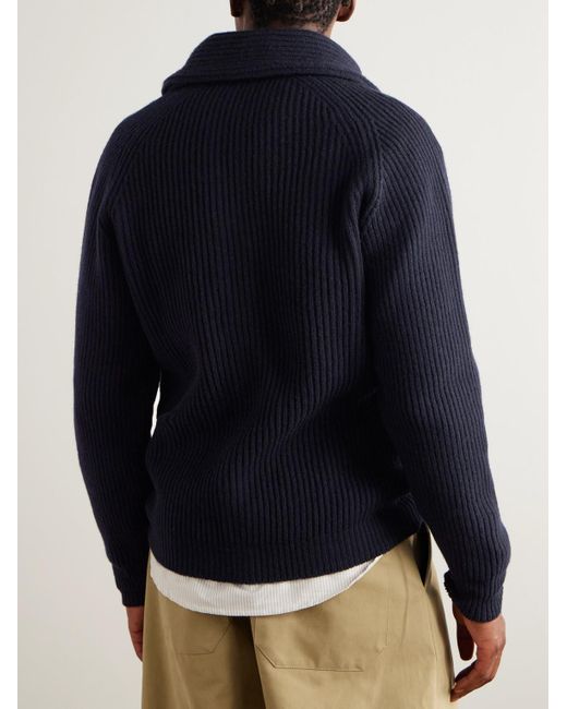Drake's Blue Shawl-Collar Ribbed Wool Cardigan for men