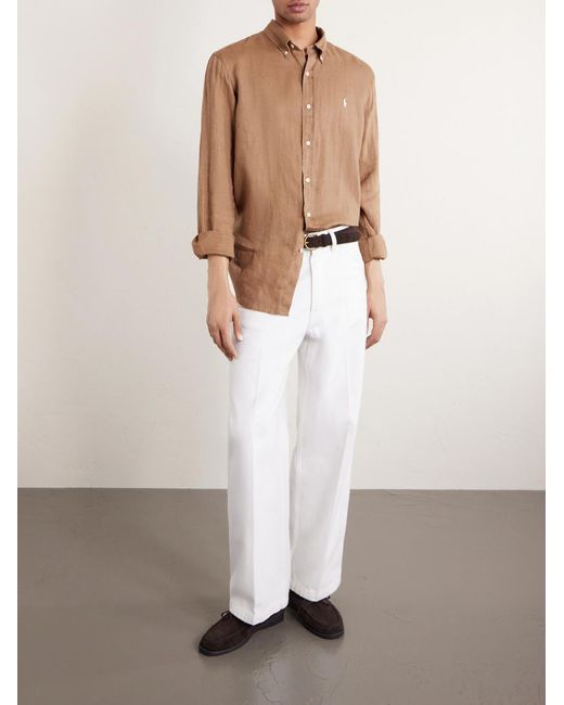 Polo Ralph Lauren Natural Button-Down Collar Logo-Embroidered Linen Shirt for men