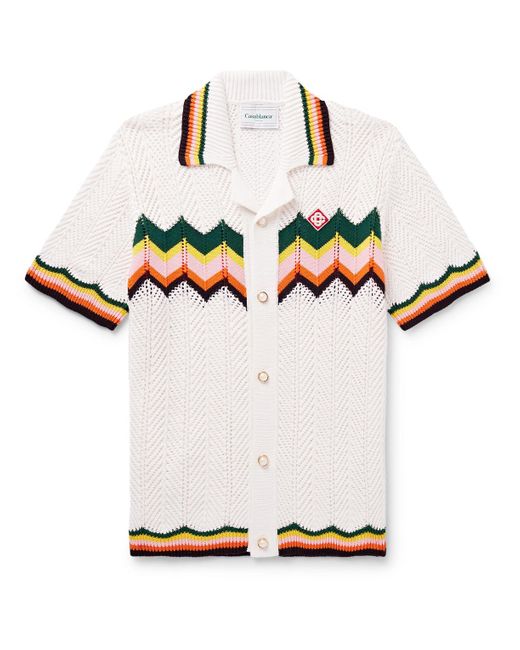 Casablancabrand White Camp-collar Logo-appliquéd Striped Crocheted Cotton Shirt for men