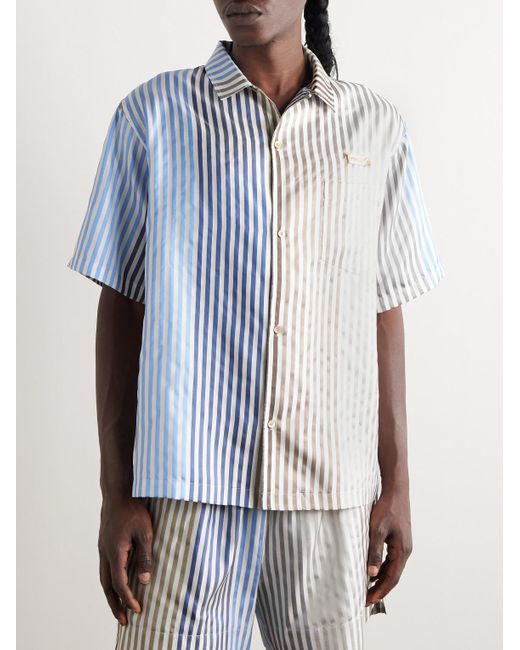 4SDESIGNS Blue Convertible-collar Logo-appliquéd Striped Silk-faille Shirt for men