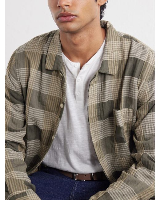 Folk Green Patch Checked Cotton-Blend Seersucker Shirt for men