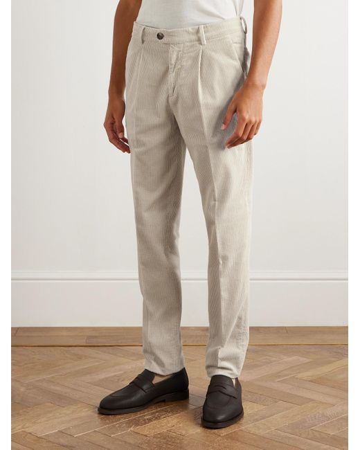 Brunello Cucinelli White Straight-Leg Pleated Cotton-Corduroy Trousers for men